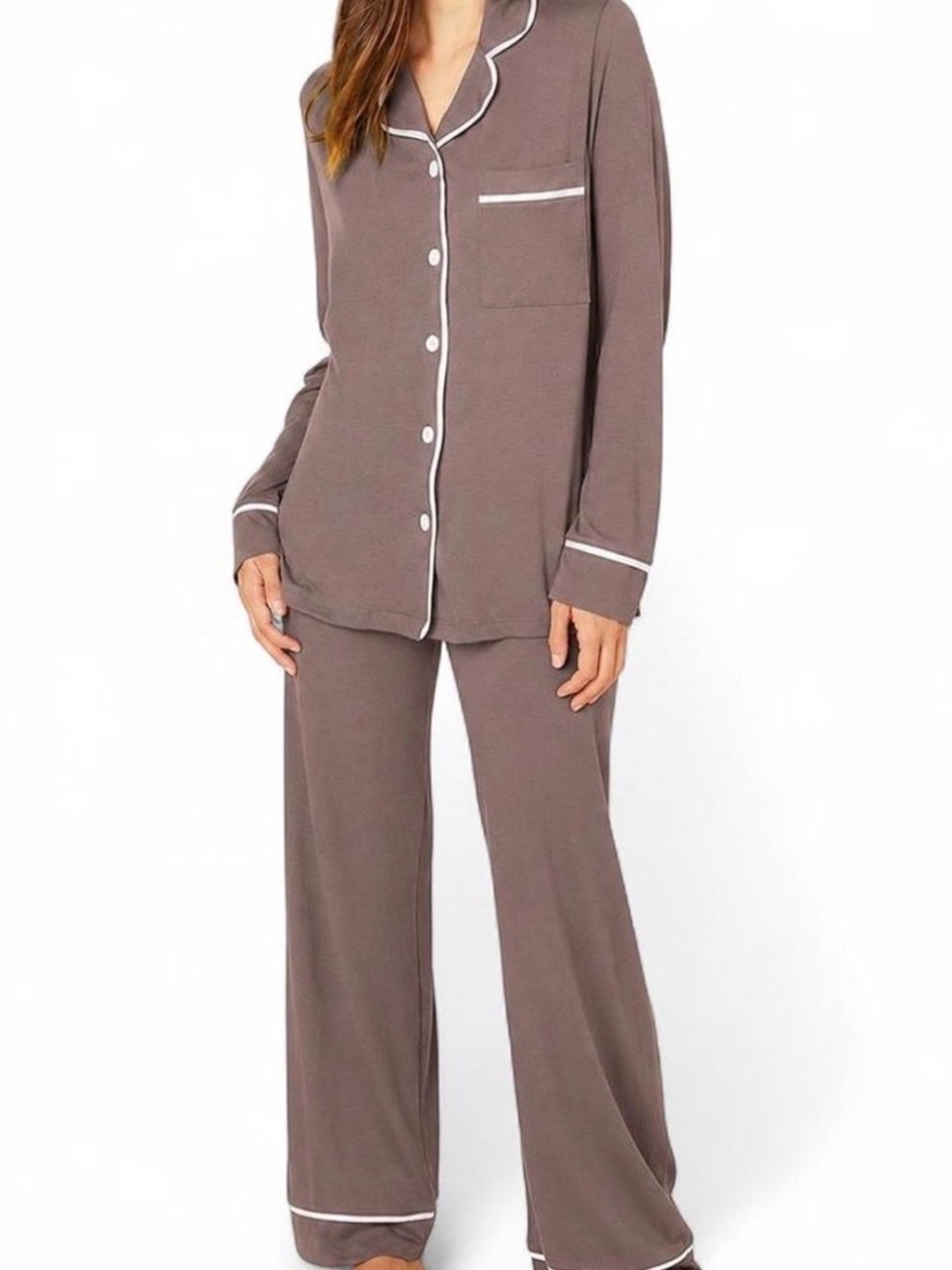 $160 Cosabella Classic Women's Taupe Piped Long-Sleeve Pajama Set Sz M